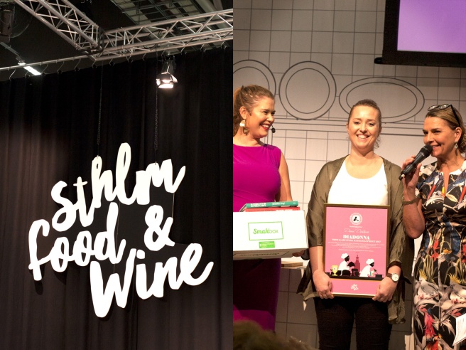 Jessica Frej, Diana Dontsova och Monika Ahlberg under utdelningen av Matbloggspriset på Stockholm Food and Wine.